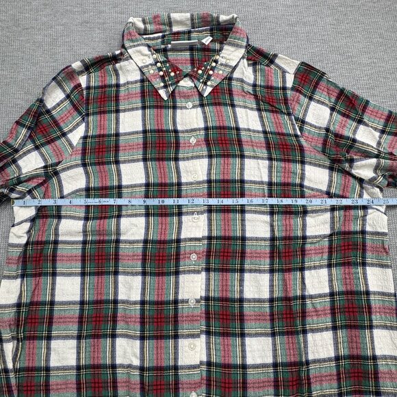D & Co Womens Size 1X Plaid Flannel Button Up Shirt Embellished Collar Tunic - Picture 9 of 14